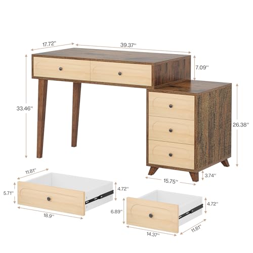 Tribesigns 51-Inch Computer Desk with 5 Drawers, Rustic Brown Office Desk with Reversible Drawer Cabinet, Wooden Study Writing Table Workstation with Storage for Small Spaces