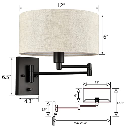 SAMTEEN Plug in Wall Sconce Swing Arm Wall Lamp with Linen Drum Shade | Modern Farmhouse Black Sconces Lighting with ON/OFF Switch Plug Cord, Beige Fabric Shade Wall Lamps for Bedroom Living Room