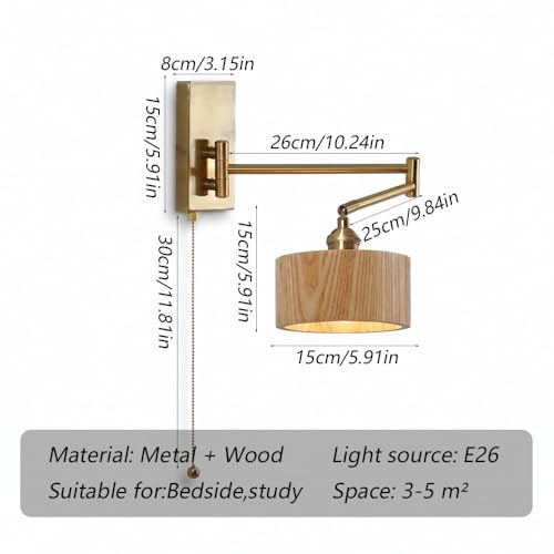 Modern Adjustable Swing Arm Wall Sconce Brass Finish Solid Wood Round Shade E26 Pull Chain Hardwired Fixture for Bedroom Bedside Reading Living Room Hallway Entryway Task Lighting(Wood) - color: Wood