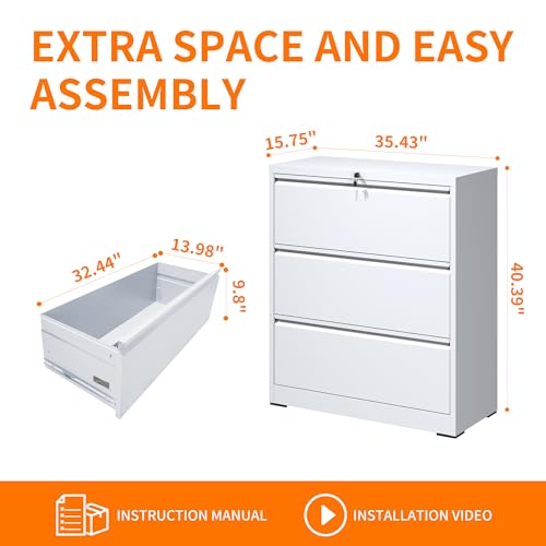 3 Drawer Lateral File Cabinet with Lock,White Metal Filing Cabinet - color: White, size: 40.4"H-3 drawers