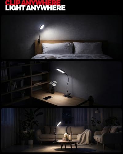 Honeywell Clip On Reading Light, Rechargeable Gooseneck CRI95 4000K Dimming - color: Black