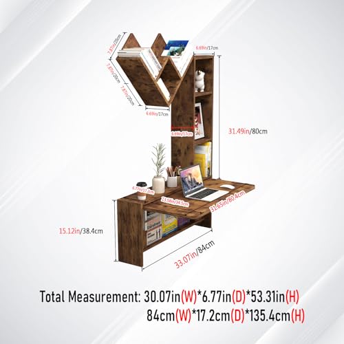 Folding Wall Mounted Drop Leaf Table, Foldable Desk with Moveable Cabinets, Floating Laptop with Convertible Storage Shelves, Multifunctional Computer Workstation in Home for Space Saving - color: Rustic Brown