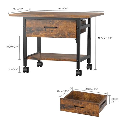 Aetheris Heavy-Duty Printer Stand with Locking Wheels, 2 -Tier Under Desk Table with Storage Drawer, Large Rolling Cart, Printer Table, Fits Printer Scanner Fax Machine, 22" x 15" x 18.3", Brown - color: Brown