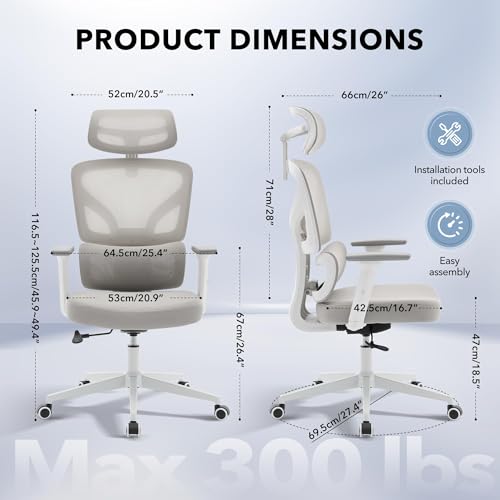 Ergonomic Office Chair Mesh – Adjustable Lumbar 3D Armrests High-Back Desk - color: Grey-p1