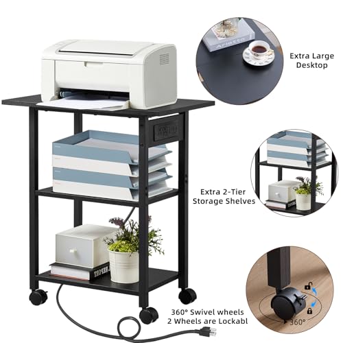 Lerliuo 3-Tier Printer Stand with Charging Station, Rolling Printer Table - color: Black, size: 3-Tier with Charger
