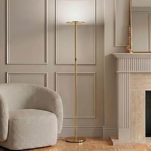 Brightech Sky Flux Dimmable LED Floor Lamp โ Super Bright Floor Lamp with 3 Light Modes for Living Room, Office โ Torchiere Standing Touch-Lamp, Tall Torch Lamp for Bedroom & Reading - Brass - color: Antique Brass