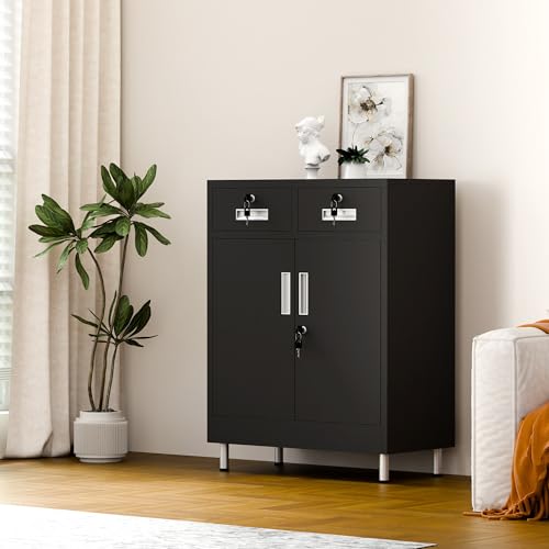 Metal Storage Cabinet with Locking Doors and 2 Drawers, Lockable Storage Cabinet with Adjustable Shelf for Home Office Garage Entryway Pantry (Black)