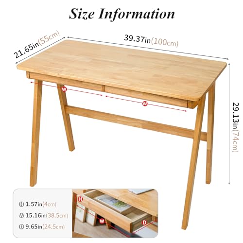Computer Desk with Drawers, Solid Wood Writing Desk, Mid Century Modern Home Office Desks, Oak Study Table, Small Desk for Bedroom, 29.1 H x 39.4 W x 21.7 D Inches, Natural - color: Natural