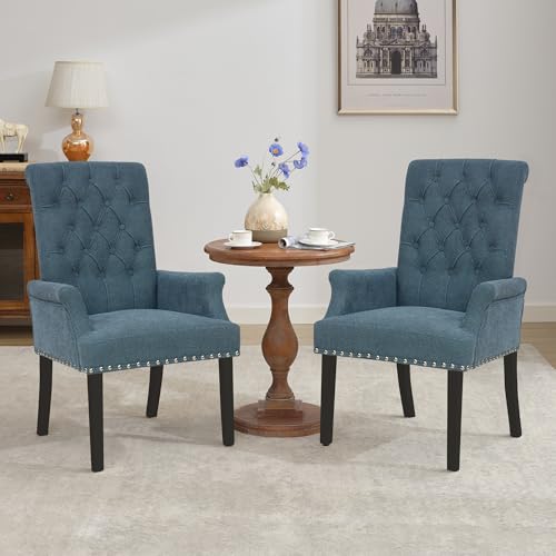 LOULENS Linen Dining Chair with Arms, Tufted Dining Room Chairs, Blue | Solid Wood Legs, Nailhead Trim, Accent Chair, Kitchen Chair - color: Light Blue, size: 1 PCS
