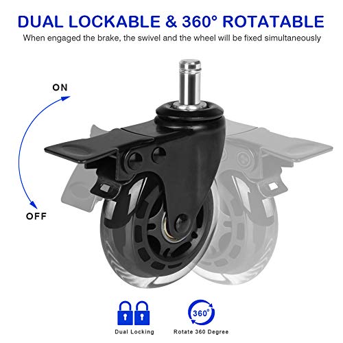Hirate 5 Pack 3 inch Office Chair Caster Wheel Universal Stem 7/16" x 7/8" - color: Dual Brake, size: 3"