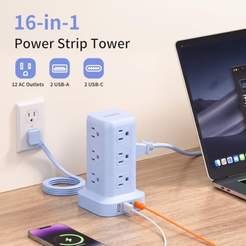 Extension Cord with Multiple Outlets, SMALLRT Power Strip Tower, Outlet Extender with 12 AC Outlets 4 USB, 6.5FT Extension Cord for Home Dorm Room, Office Supplies, Blue - color: Blue, size: 6.5 Ft without wireless charging