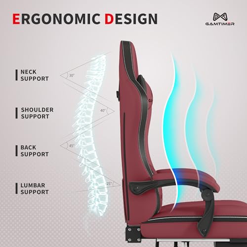 Gamtimer Gaming Chair with Footrest, Ergonomic Computer Chair, PU Breathable Material with Headrest and Lumbar Support, Suitable for Silla Gamer and Adults (RED) - color: Red