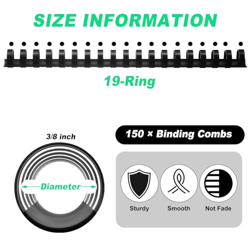 Yunsailing 150 Pack Plastic Binding Combs Plastic Binder Comb Ring 19 Ring Binding Spines Letter Size Spiral coils for Notebook Calendar(3/8 in,Black) - color: Black, size: 3/8 In