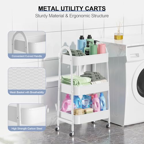 EAGMAK 3 Tier Utility Rolling Cart, Metal Storage Cart with Handle and Lockable Wheels, Multifunctional Storage Organizer Trolley with Mesh Baskets for Kitchen, Living Room, Office, Garage (White) - color: White, size: Normal