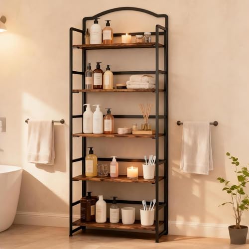 JSB 5 Tier No Assembly Folding Bookshelf, Arched Bookshelf, Foldable Bookcase for Living Room, Bedroom, Office,Skinny Bookshelf (Fire Brown) - color: Fire Brown, size: 5-Tier