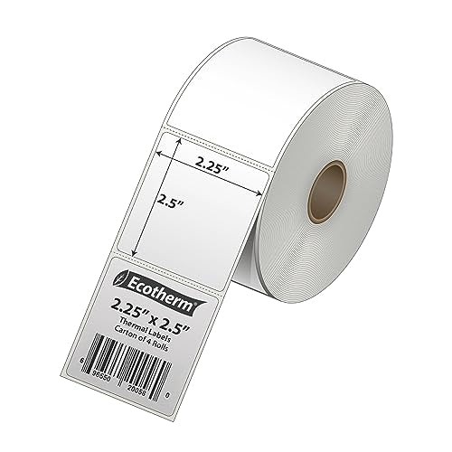 2.25" x 2.5" Thermal Labels | 4 Rolls | 2400 Labels | fits Zebra, Munbyn, Rollo, Godex, Arkscan, iDPRT, Offnova Thermal Label Printers and More | Blank White Adhesive Stickers by Ecotherm - size: 2.25 x 2.5 - 2400 Labels