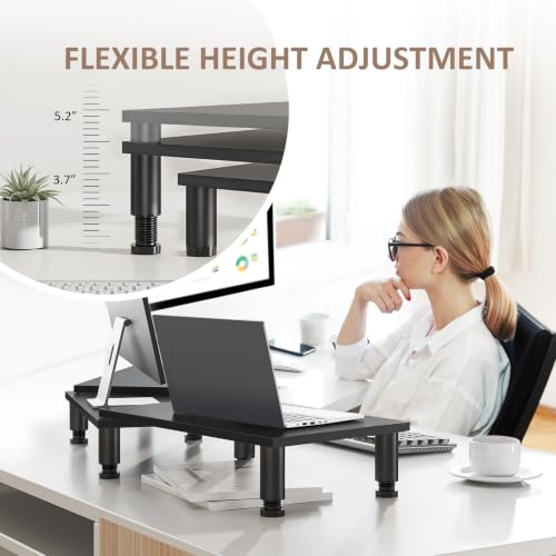 AX WABER Dual Monitor Stand Riser, Monitor Stand with Adjustable Height Steel leg, Wood Monitor Stand for Desk, Monitor Riser for 2 Monitors with Storage Space Black - color: Black