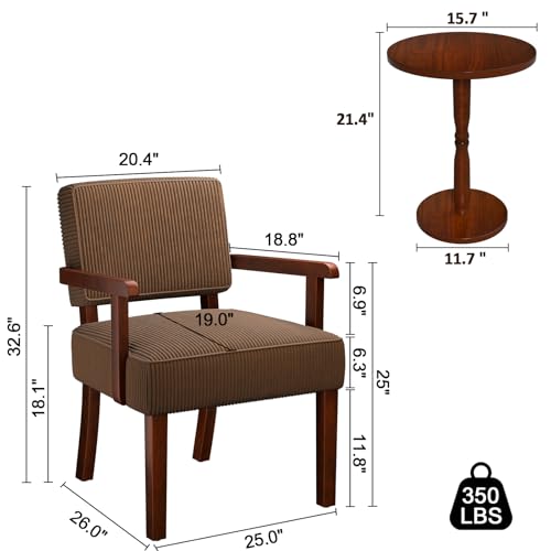 FAGAGA Corduroy Accent Chairs Set of 2, 2 Solid Wood Armchairs with Table - color: Corduroy Brown, size: One Set