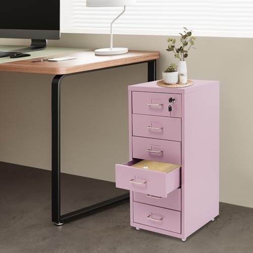 6 Drawers File Cabinet with Lock Rolling Mobile Filing Cabinet with Wheels Under Desk Vertical Filing Cabinet for Office/Home Metal (Purple) - color: Purple