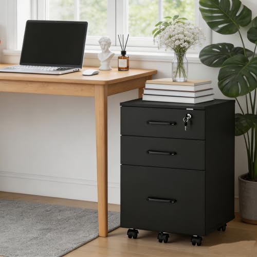 Lockable 3-Drawer Mobile Filing Cabinet with Wheels, Heavy-Duty Vertical Under Desk Storage & Printer Stand, Compatible with A4, Letter, Legal Size Hanging Files Home Office Use (Black) - color: Black
