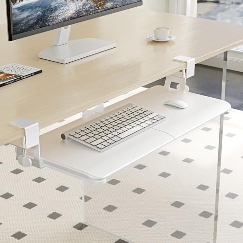 Under Desk Keyboard Tray, Pull-Out Drawer&Holder with C-Clamp 25.6"x11.8" - color: White