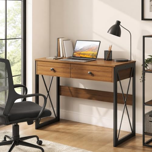 Manora Rustic Brown Computer Desk with Power Outlets & USB Ports, 31.5 Inch Small Writing Desk with 2 Drawers, Industrial Home Office Desk with Metal Frame for Bedroom, Apartment & Small Spaces - color: Rustic Brown