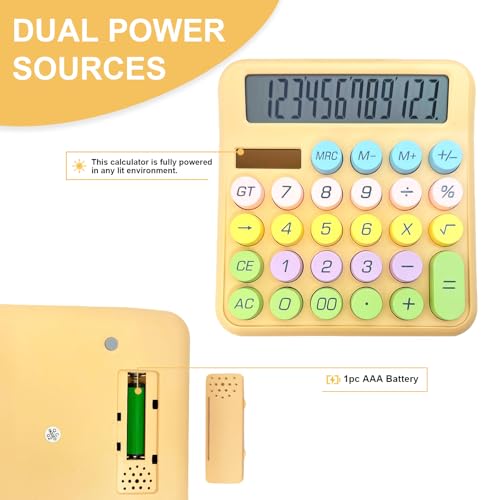 Cute Desktop Calculator, 12 Digits Large Calculator with Clear LCD Display and Large Button, Solar/Battery Powered, Basic Calculator for Business, Office, Home, School, Class (Khaki)