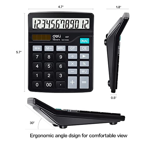 Calculator, Deli Standard Function Desktop Calculators with 12 Digit Large LCD Display and Sensitive Button, Solar Battery Dual Power Office Calculator, Black - color: Black