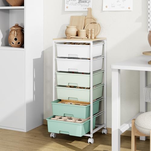 6 Drawer Rolling Storage Cart with Wooden Top and Wheels for Crafts,Green - color: Green