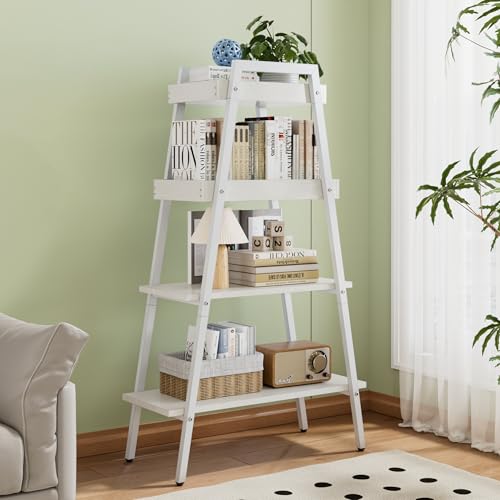 VECELO Ladder Shelf, 4-Tier Bookshelf with Enclosed Edges Design, Wooden Storage Rack Freestanding Bookcase for Living Room Home Office, White