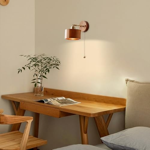 Wood Wall Sconce with Pull Chain Adjustable Swing Arm Natural Or Walnut Wood Cylinder Shade Brass Accent Wall Lamp for Bedroom Living Room Hallway Reading Nook(Wood) - color: Wood