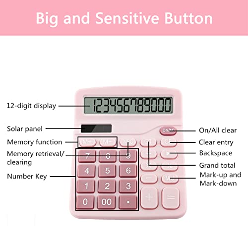 Office Calculators Desktop, 12-Digit Dual Power Cute Calculator with Large LCD Display Big Button for Office Home and School (Pink)