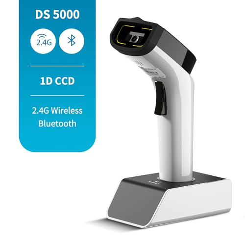 NETUM Fashionable Bluetooth Wireless 1D Barcode Scanner | Hands Free CCD Barcode Reader with Stand and Built-in Memory, Works with MAC OS, Windows, iOS, Android -DS5000(White) - size: 1D