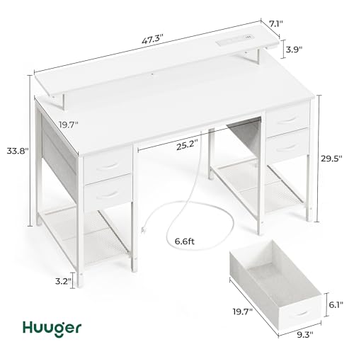 Huuger 47 inch Computer Desk with Power Outlets & 4 Drawers - color: White, size: 47 Inch