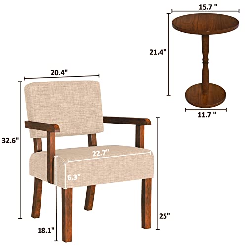 FAGAGA Accent Chairs Set of 2, 2 Solid Wood Armchairs with Side Table - color: Linen Beige, size: One Set