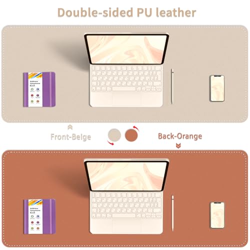 Bleswin Multifunctional Large Desk Mat, Double Sided Computer Desk pad, Extended Mouse Mat, Office Desk Protector with Waterproof PU Leather, 35.4''×16.9'', Office Home Writing Pad (Beige+Orange) - color: Beige+orange, size: 35.4'' × 16.9''