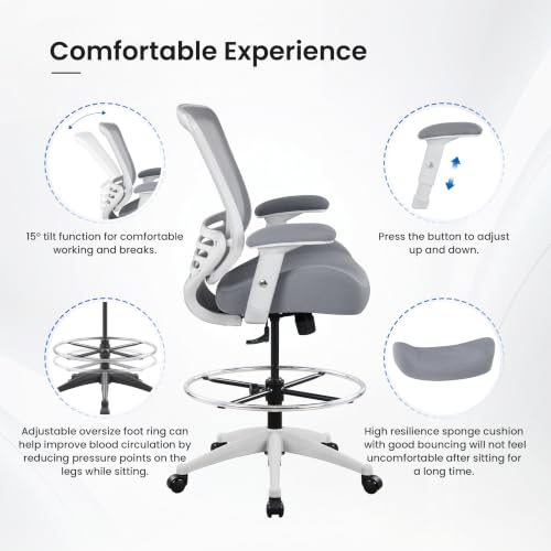 BOLISS 400lbs Mid Back Mesh Ergonomic Drafting Chair Office for Adjustable Desk Wide Chair Built-in Lumbar Support Big Adjustable Foot Ring Height Adjustable Armrest (Grey) - color: Grey