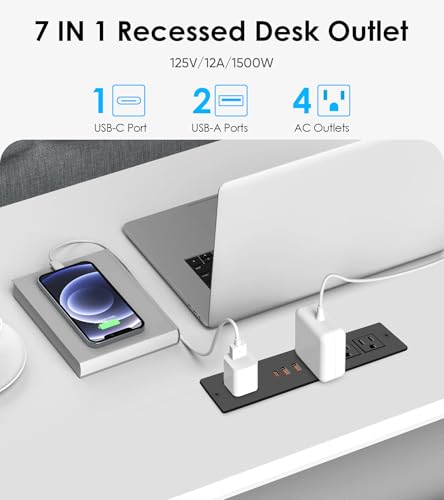 Recessed Power Strip with PD 20W USB-C, Flush Mounted Drawer Outlet, 4 Outlets & 3 USB Ports, Conference Desktop Built in Power Strip, 6FT Extension Cord(Black) - size: 6FT, style: 20W-2A1C-Black
