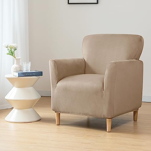 LiveGo Stretch Mid Century Modern Armchair Slipcover 1-Piece Solid Accent Chair Covers with Arms Soft Chair Slipcovers for Living Room Furniture Protector Office Reception - color: Velvet Camel