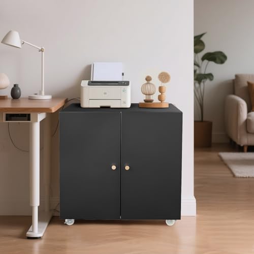 Metal Fridge Printer Stand Cabinet with Storage and Wheels, Black - color: Black - 24''wx24''dx24''h