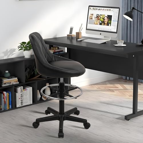 KLASIKA Drafting Chair with Backrest and Wheels, Set of 2 Adjustable Footrest Height Rolling Stool, PU Leather Tall Swivel Chairs Work Shop Office Desk Stools for Home Work Shop Kitchen Bar - color: Black-footrest, size: 2PK