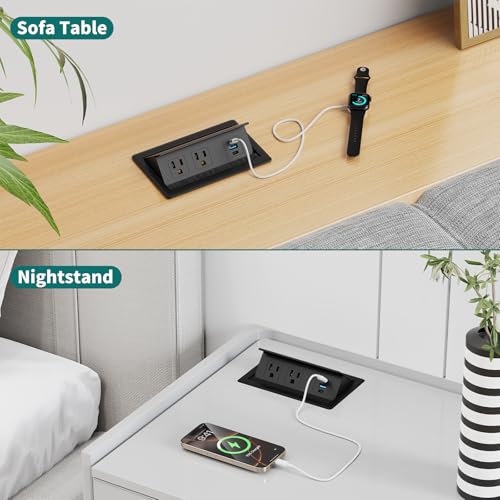 QBA Recessed Power Strip with USB C 20W, Flush Mount Power Outlet with 2 AC Outlets 3 USB Ports, Desktop Charging Station for Nightstand Furniture Conference Table, Black - color: Black-2C1A