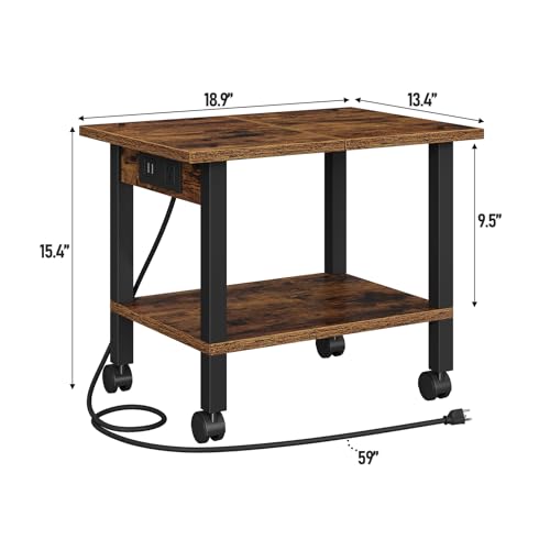 TUTOTAK Printer Stand, 2 Tier Rolling Printer Cart with Charging Station | Small Under Desk Printer Table with Wheels for Small Space, Office, Home, Brown PS01BB001P - color: Brown, size: 2 tier(18.9 x 11.8 x 15.4inchs)