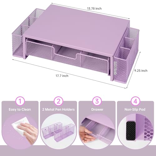 Qupui Computer Monitor Stand Riser with Drawer and Pen Holders, Desk Organizer Shelf and Accessories, Office Desk Accessories, Office Organization, Purple - color: Purple with Drawer