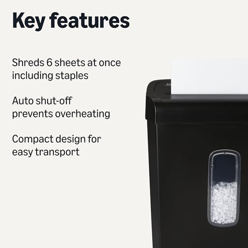 Amazon Basics 6-Sheet High Security Cross-Cut Paper and Credit Card Shredder, 3.7 Gallon, Shreds Staples, Auto Shut-Off, Compact Design for Home, Black - style: Cross Cut