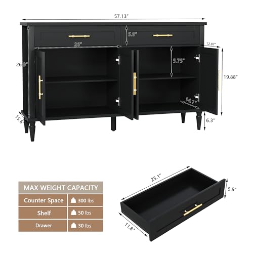 58 Inch Sideboard Buffet Cabinet with Storage, Fluted Buffet Storage Cabinet with 2 Drawers and 4 Doors, Modern Coffee Bar with Adjustable Shelves for Living Room, Kitchen (Black) - color: Black