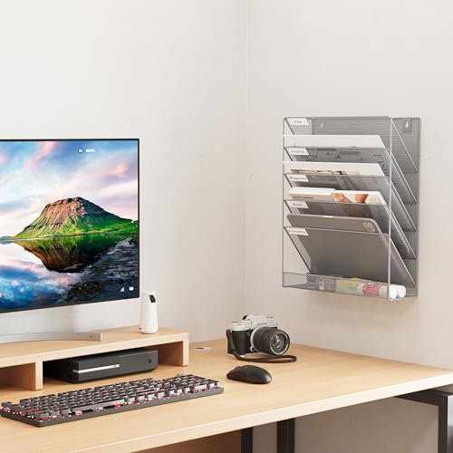 EasyPAG 5 Tier Wall File Holder, Mesh Hanging Folder Organizer with Classify Label, Versatile Desk File Holder, Vertical Wall Mounted Mail Organizer for Office Home Cubicle, Silver - color: Silver