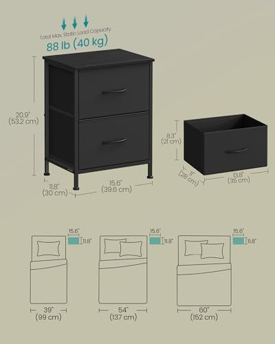 SONGMICS Nightstand with 2 Fabric Drawers, Bedside Table, Side End Table - color: Ink Black + Ebony Black, size: 1 Pack
