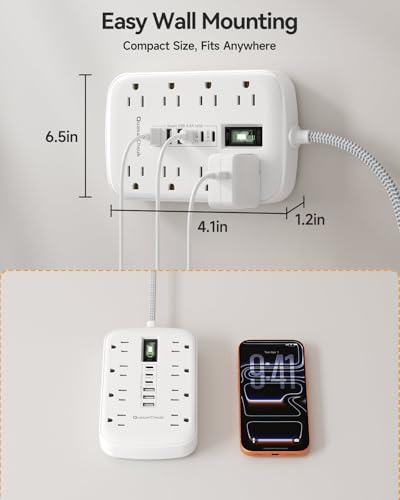 10FT Extension Cord with 6 USB(3 USB C) 8 Outlets, Flat Plug Power Strip - size: 10 FT-White-Three Prong