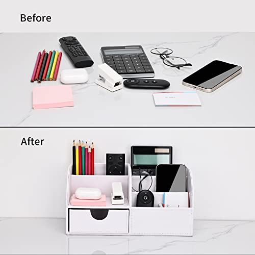 KINGFOM Pu Leather Desk Organizer Pen Pencil Holder Office Supplies Caddy Storage Box 6 Compartments with Drawer White (Full Pu Leather) - color: White